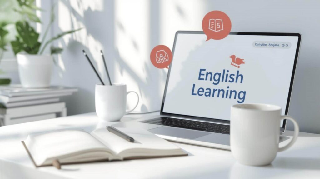 A cozy home study setup with English learning materials designed to help learners improve English fluency at home through daily practice.
