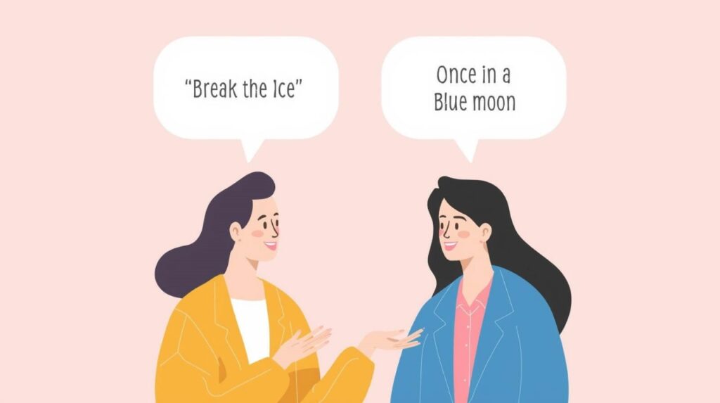 Illustration showing people using Common English idioms in conversation to represent everyday spoken English.