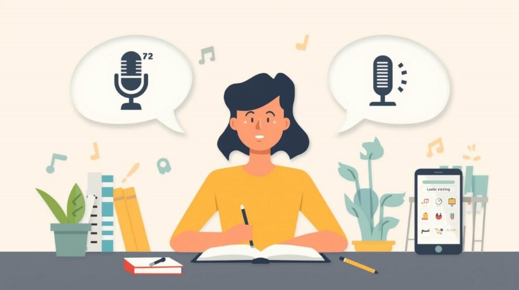 Illustration of a learner using pronunciation tools to Improve English pronunciation through step-by-step practice.