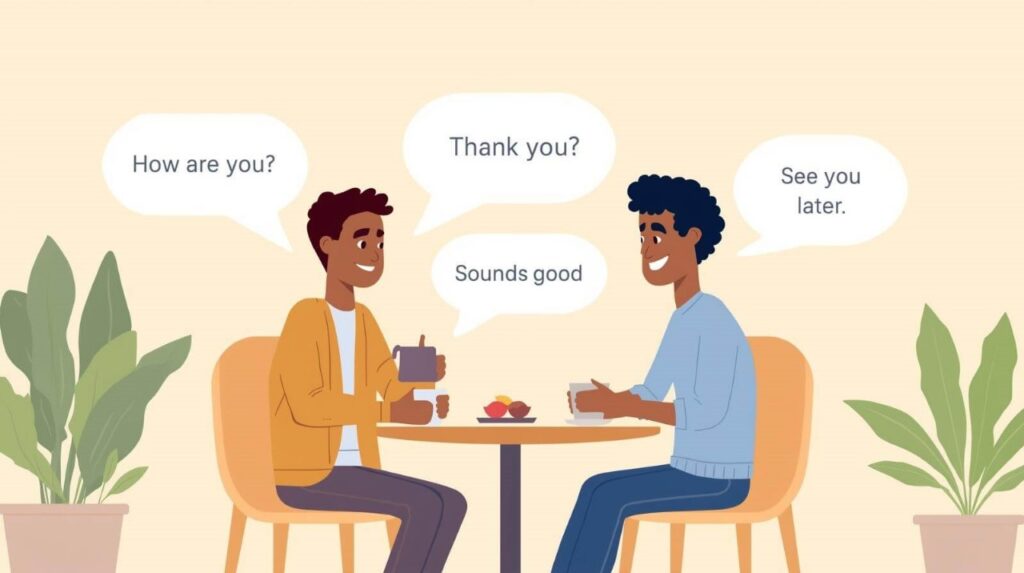 Illustration showing common English phrases for daily life used for speaking English confidently in daily life conversations.