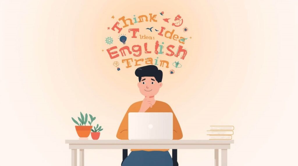 A person practicing mental exercises to think in English, surrounded by English words that represent natural language thinking habits.