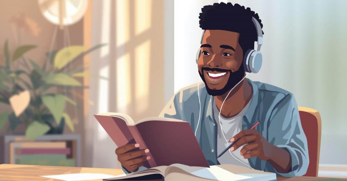 A beginner practicing English with a notebook and headphones, showing simple ways to build confidence in English through daily study habits.