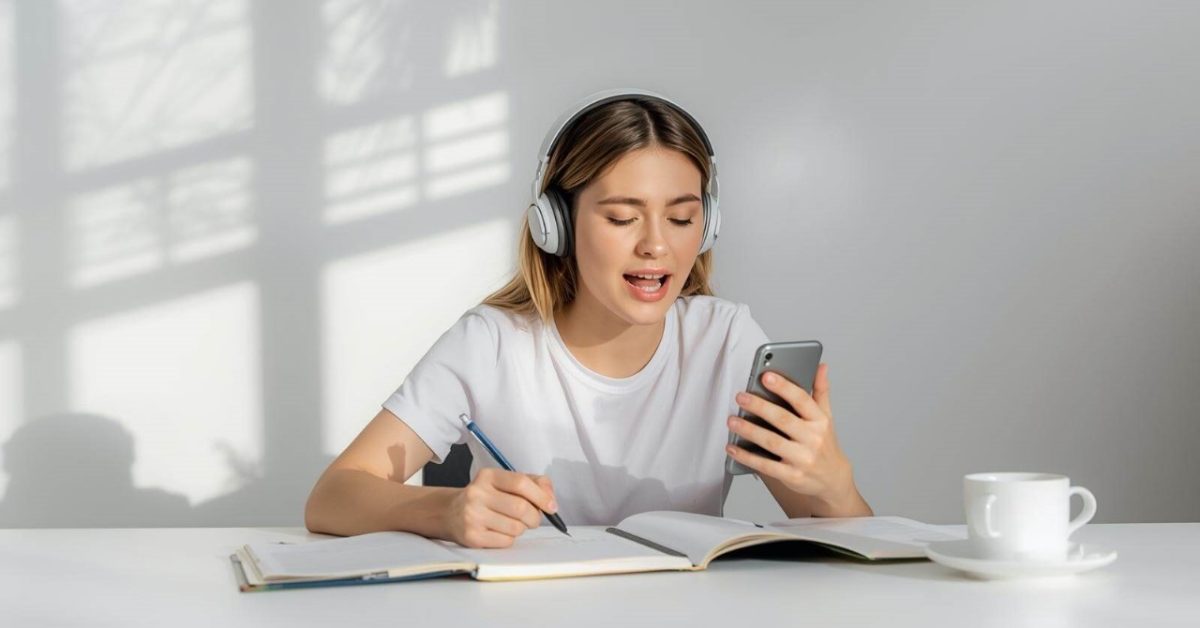 A beginner practicing daily English-speaking habits using simple tools like a notebook and phone, showing a realistic daily learning routine.