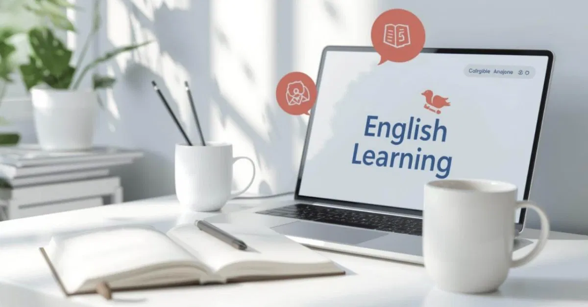 A cozy home study setup with English learning materials designed to help learners improve English fluency at home through daily practice.