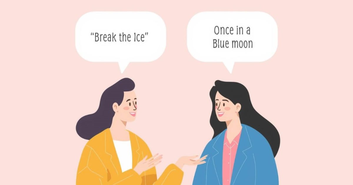 Illustration showing people using Common English idioms in conversation to represent everyday spoken English.