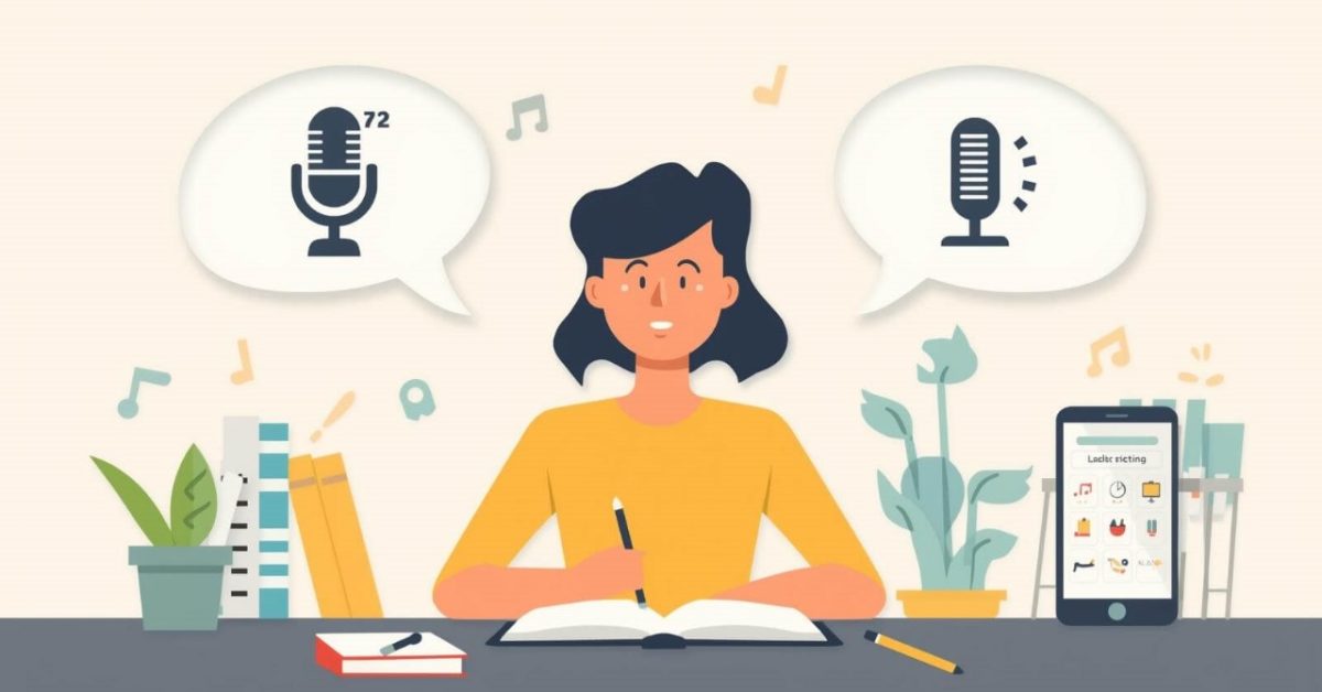 Illustration of a learner using pronunciation tools to Improve English pronunciation through step-by-step practice.